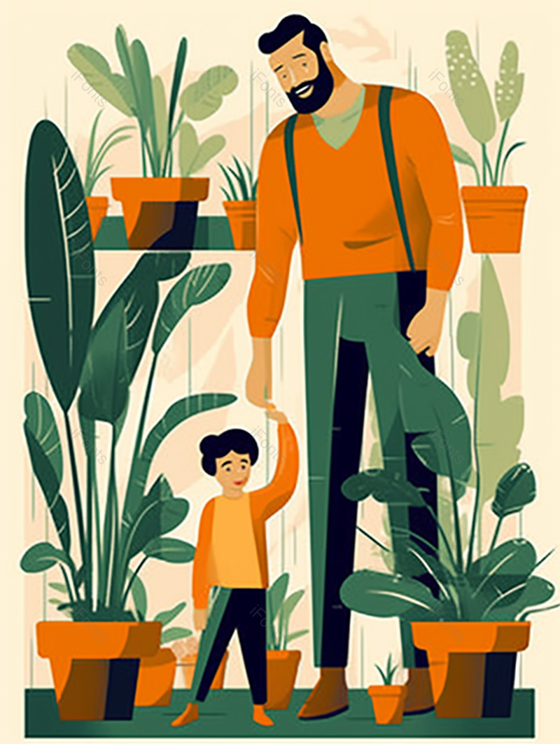 父亲节父亲和孩子一起观看植物在户外游玩植物馆盆栽黄色背景,插画/手绘图,插画/手绘图库,插画/手绘图下载,插画/手绘